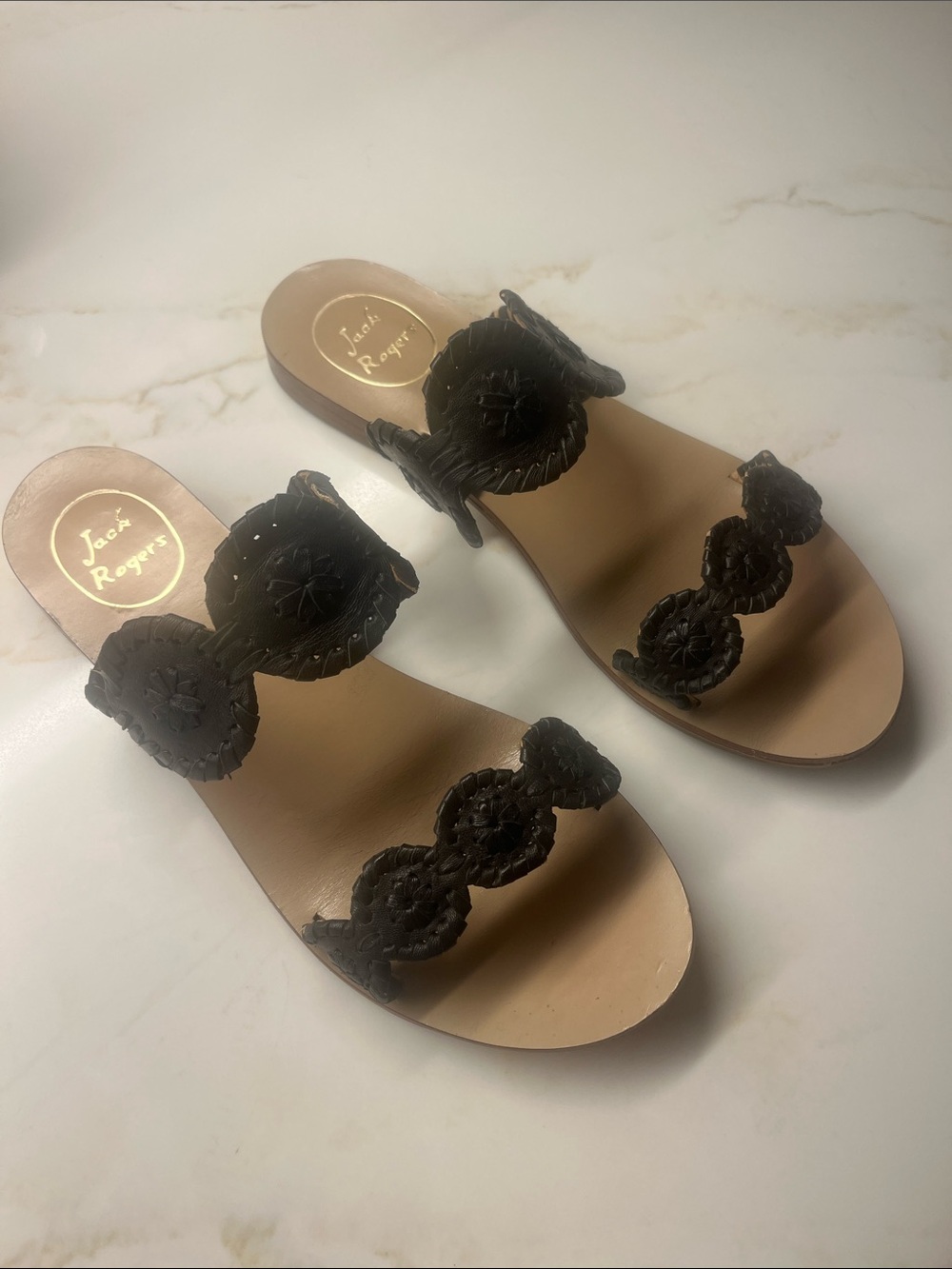 Jack Rogers Black Leather Rosette Double-strap Slide Sandals